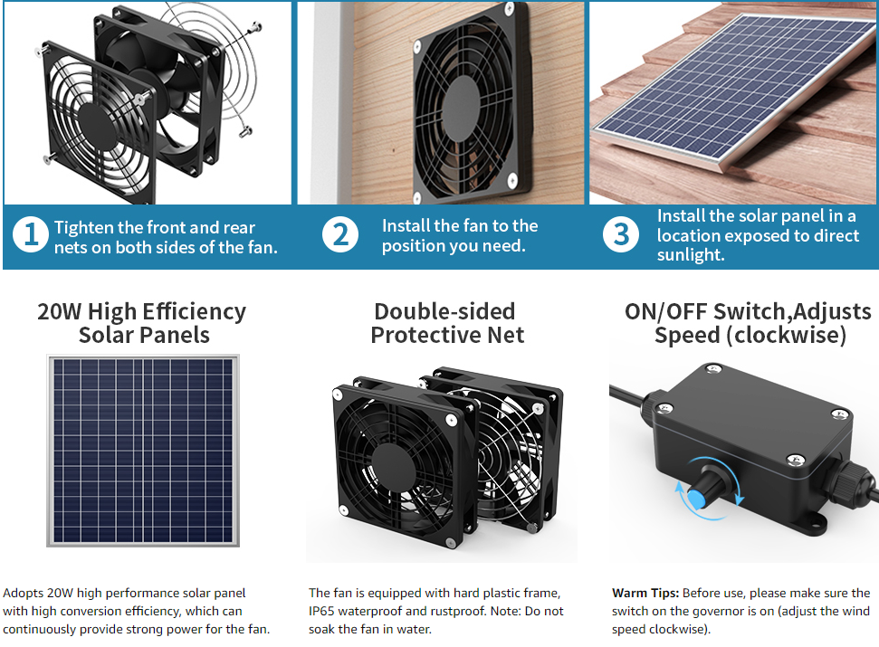 Adopts 20W high performance solar panel with high conversion efficiency, which can continuously provide strong power for the fan.